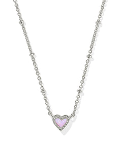 Kendra Scott Mini Ari Heart Silver Satellite Short Pendant Necklace in Bubblegum Pink Kyocera Opal