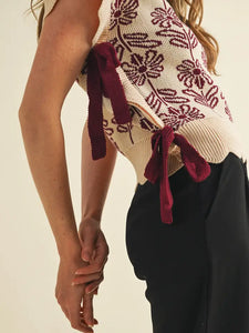 Fancy Floral Bow Tie Sweater Vest - Mauve Wine