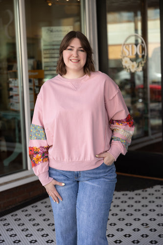 Patched Sleeve Pullover - Dusty Rose *Curvy*