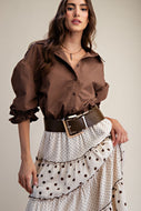 3/4 Sleeves Button Down Top - Brown