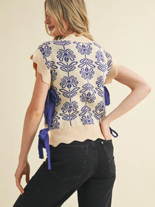 Fancy Floral Bow Tie Sweater Vest - Crown Blue