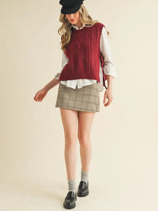 Carlie Cable Knit Side Tie Sweater Vest - Wine