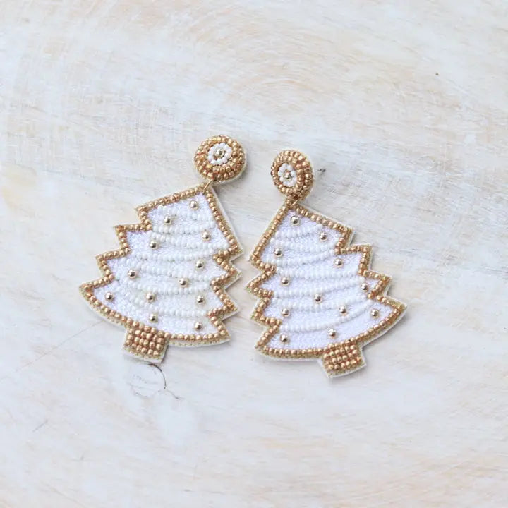 Pierce + Hide Beaded White Christmas Tree Earrings