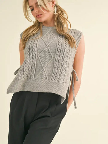 Carlie Cable Knit Side Tie Sweater Vest - Heathered Grey