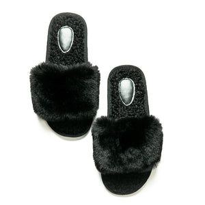 Faux Fur Slip-On Slippers - Black