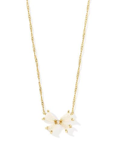 Kendra Scott Blair Gold Bow Small Short Pendant Necklace in Iridescent Drusy