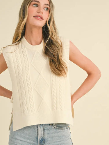 Carlie Cable Knit Side Tie Sweater Vest - Ivory