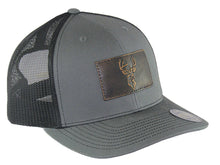 Load image into Gallery viewer, Buck Hand Burnished Leather Patch Snapback Trucker Hat: Brown/Khaki