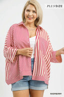 Raspberry Stripe Button Up Top