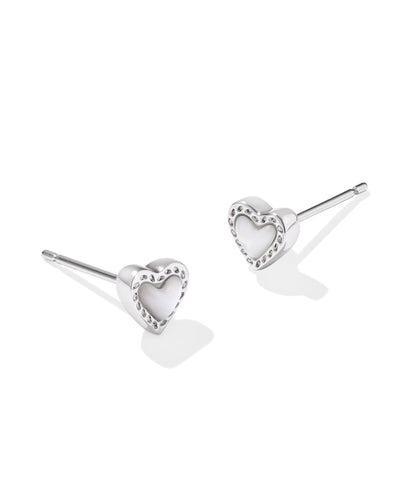 Kendra Scott Mini Ari Heart Silver Stud Earrings in Ivory Mother of Pearl