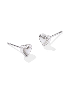 Kendra Scott Mini Ari Heart Silver Stud Earrings in Ivory Mother of Pearl
