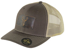 Load image into Gallery viewer, Buck Hand Burnished Leather Patch Snapback Trucker Hat: Brown/Khaki