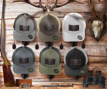 Load image into Gallery viewer, Buck Hand Burnished Leather Patch Snapback Trucker Hat: Brown/Khaki
