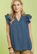 Swiss Dot V-Neck Top - Heathered Blue