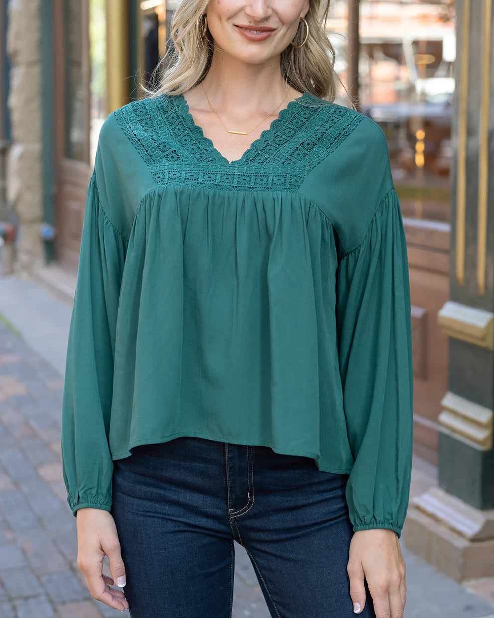 Grace & Lace Boho Lace Trim Top - Evergreen