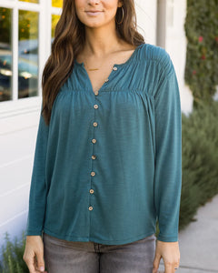 Grace & Lace Button Front Ruched Top - Sea Green