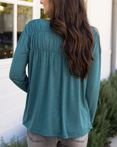 Grace & Lace Button Front Ruched Top - Sea Green