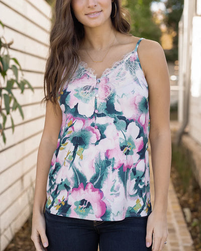 Grace & Lace Button Lace Trim Cami - Watercolor Floral