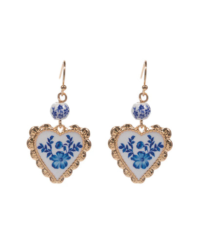 Gold Blue & White Heart Earrings