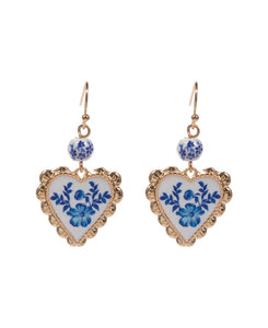 Gold Blue & White Heart Earrings