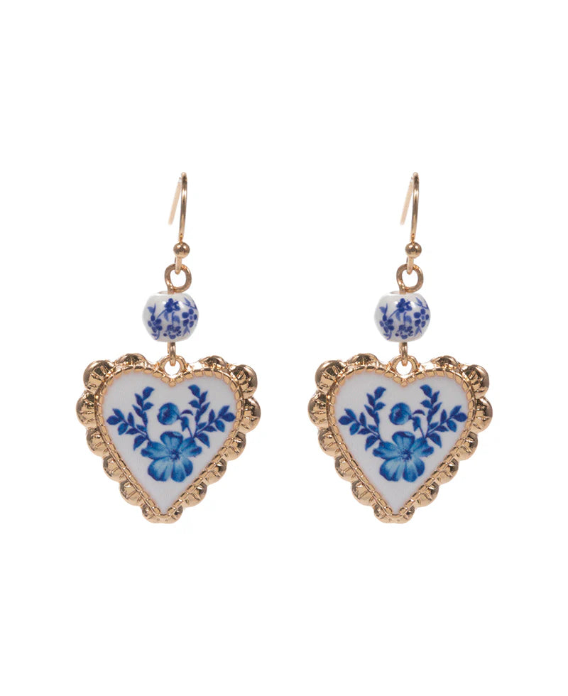 Gold Blue & White Heart Earrings