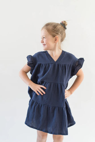Tiered Ruffle Sleeve Girl's Dress - Navy