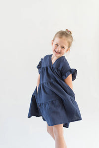 Tiered Ruffle Sleeve Girl's Dress - Navy