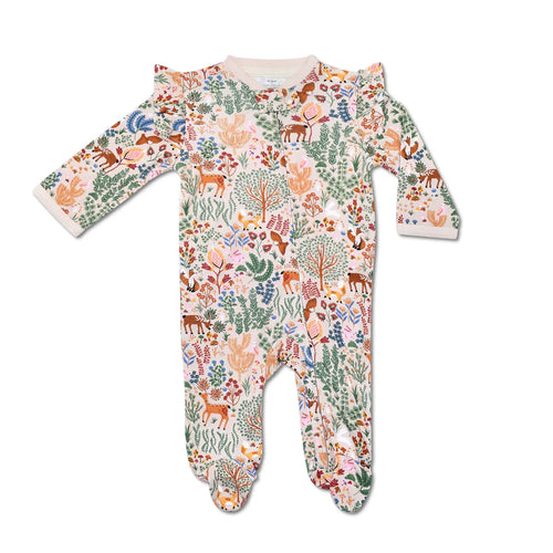 Apple Park Bamboo Zipper Footie with Ruffles - Boho Woodland