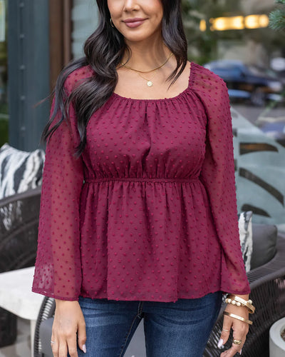 Grace & Lace Dobby Dot Peplum Top - Zinfandel