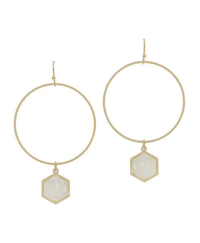 Gold Mother of Pearl Dangle Hoop Earrings