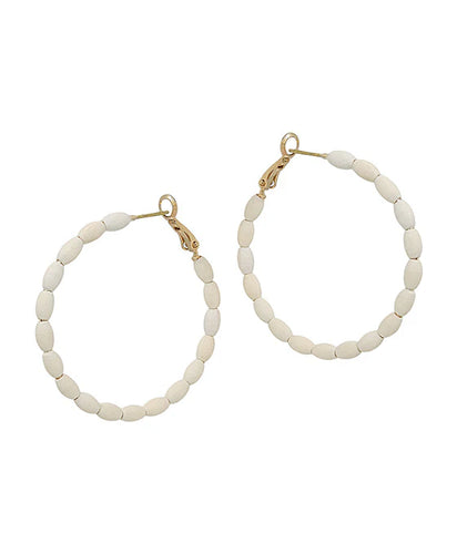 White Wooden Beaded Hoop Earrings