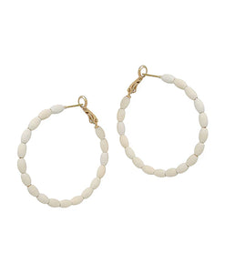 White Wooden Beaded Hoop Earrings