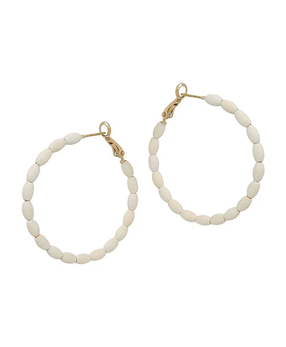 White Wooden Beaded Hoop Earrings
