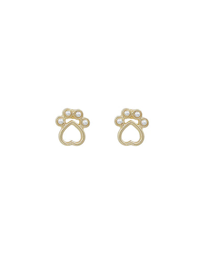 Gold Pearl Pawprint Stud Earrings