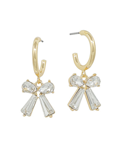 Gold Crystal Bow Dangle Hoop Earrings