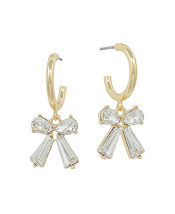 Gold Crystal Bow Dangle Hoop Earrings