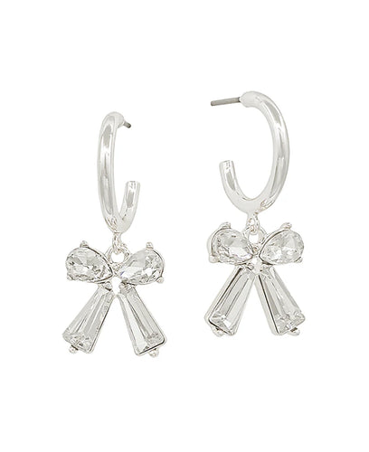 Silver Crystal Bow Dangle Hoop Earrings
