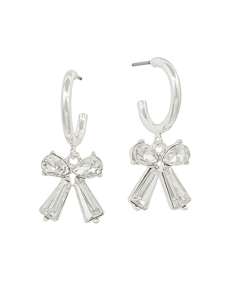 Silver Crystal Bow Dangle Hoop Earrings