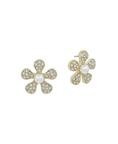 Gold Pearl Flower Stud Earrings