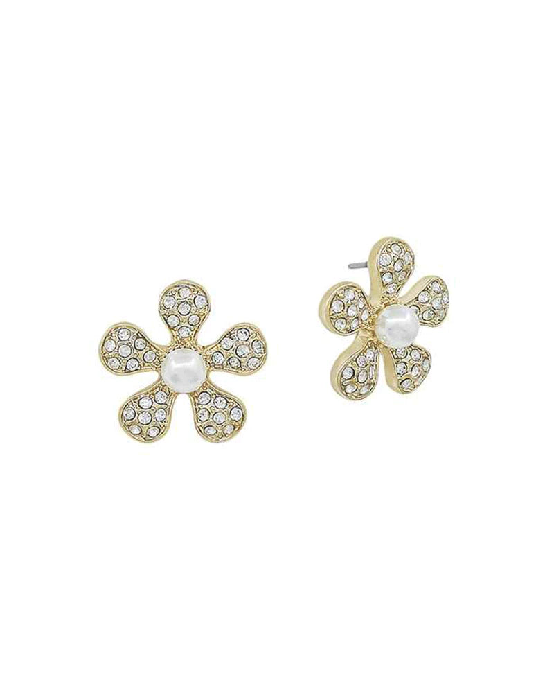Gold Pearl Flower Stud Earrings
