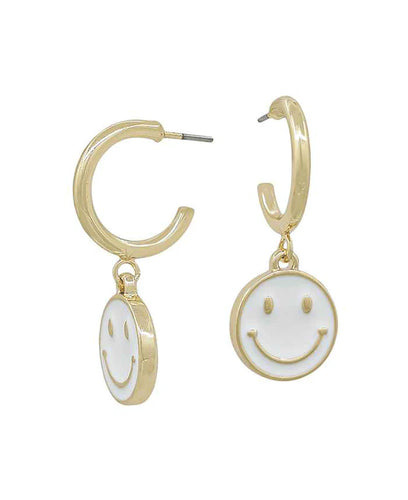 Gold Smile Charm Huggie Earring - White