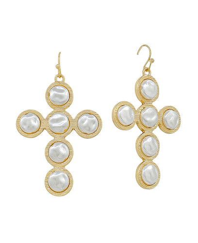 Gold Pearl Cross Dangle Earrings