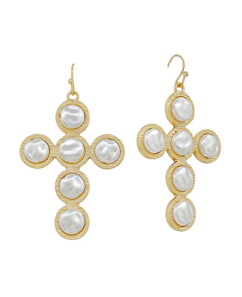 Gold Pearl Cross Dangle Earrings
