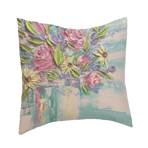 Pink Roses Teal Watercolor Pillow