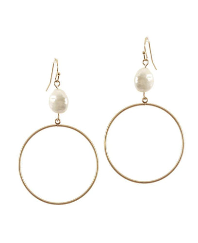 Gold Fresh Water Pearl Dangle Hoop Earrings