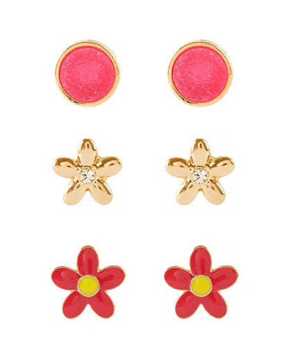 Gold & Fuchsia Flower Earring Set