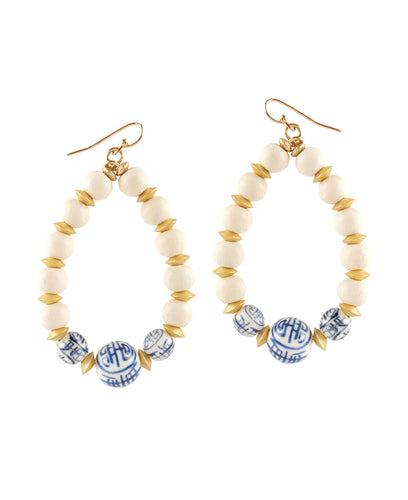 Ivory & Blue Wooden Teardrop Earrings