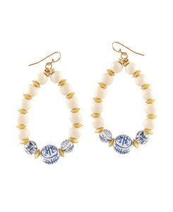 Ivory & Blue Wooden Teardrop Earrings