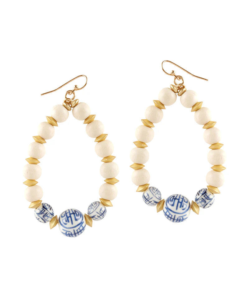 Ivory & Blue Wooden Teardrop Earrings