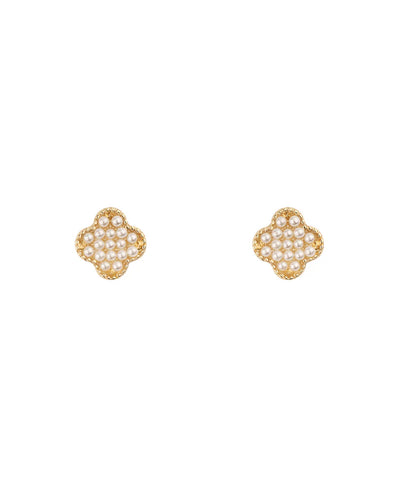 Gold Pearl Clover Stud Earrings